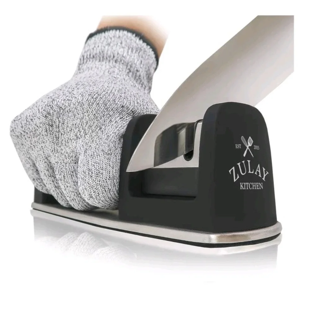 Zulay Kitchen Knife Sharpener Manual 2 Stage Tool Black Stainless Steel